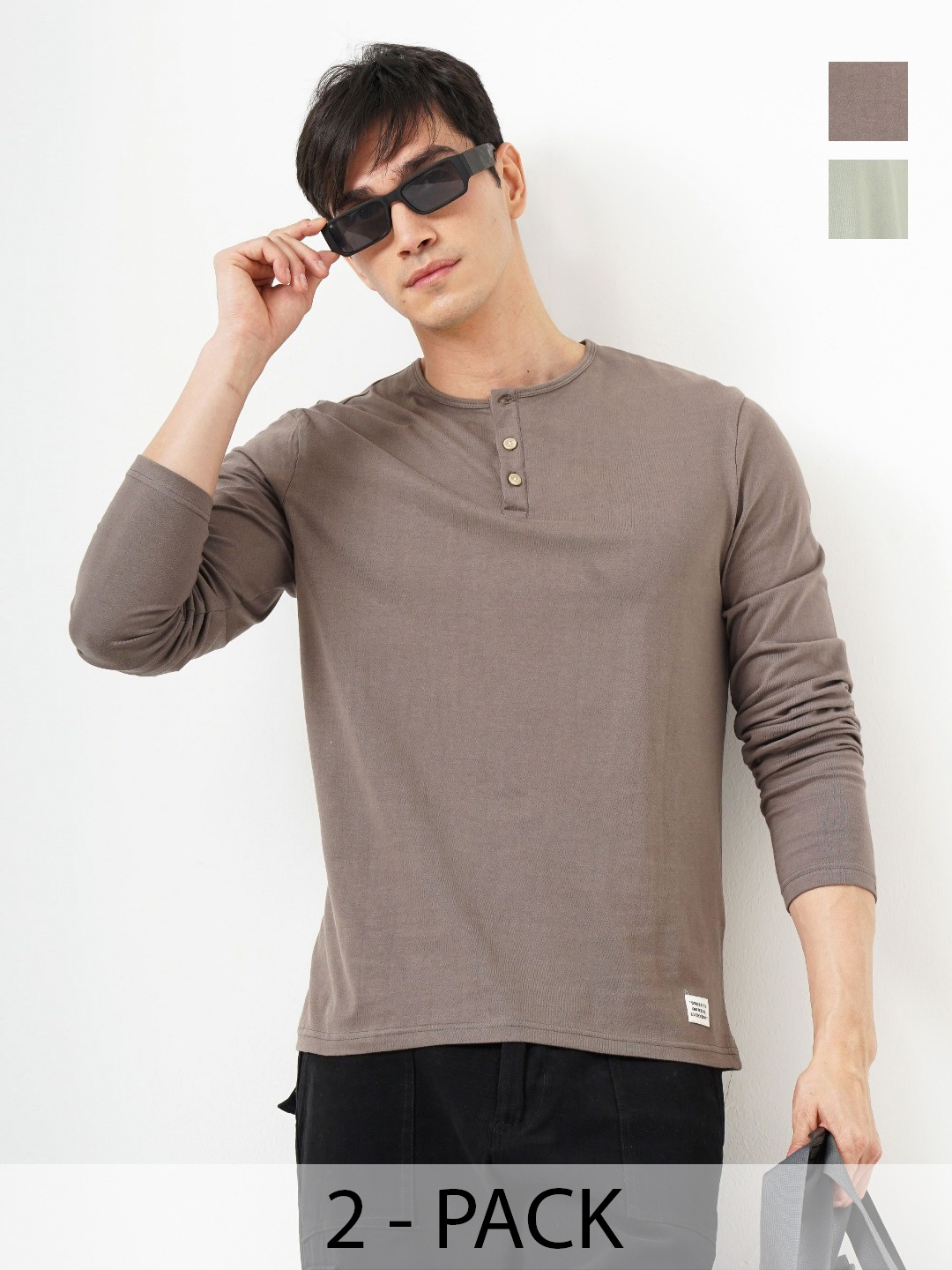 

Genoa Men Pack of 2 Solid Henley Neck Cotton T-shirts, Green