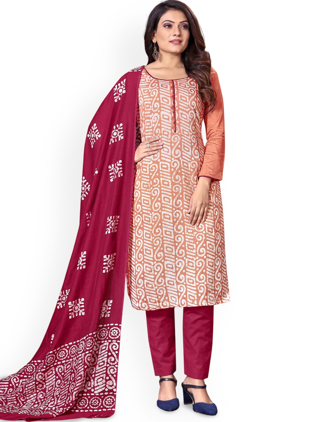 

SAINOOR Geometric Printed Pure Cotton Unstitched Dress Material, Peach