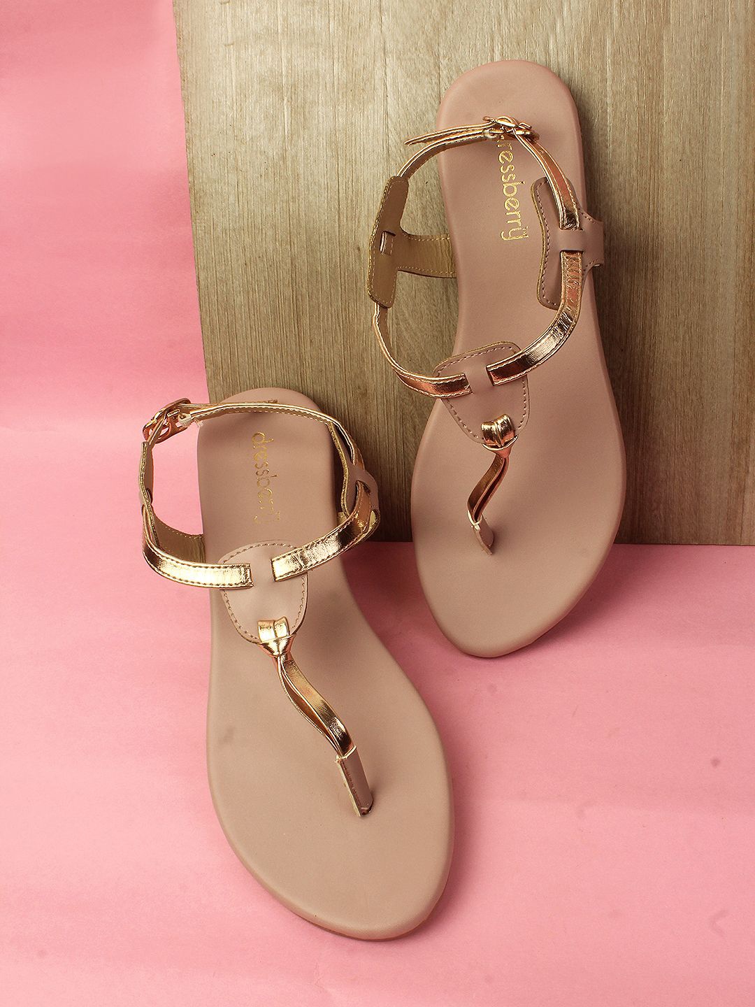 

DressBerry Women T-Strap Flats With Buckles, Nude