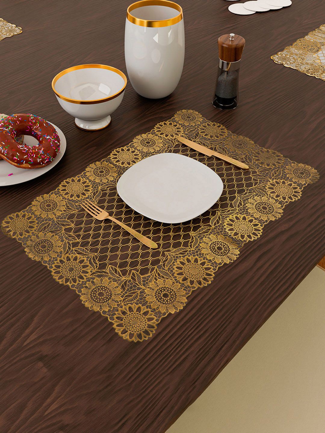 

Kuber Industries Gold-Toned 4 Pieces Floral Design Rectangle Shaped Table Placemats