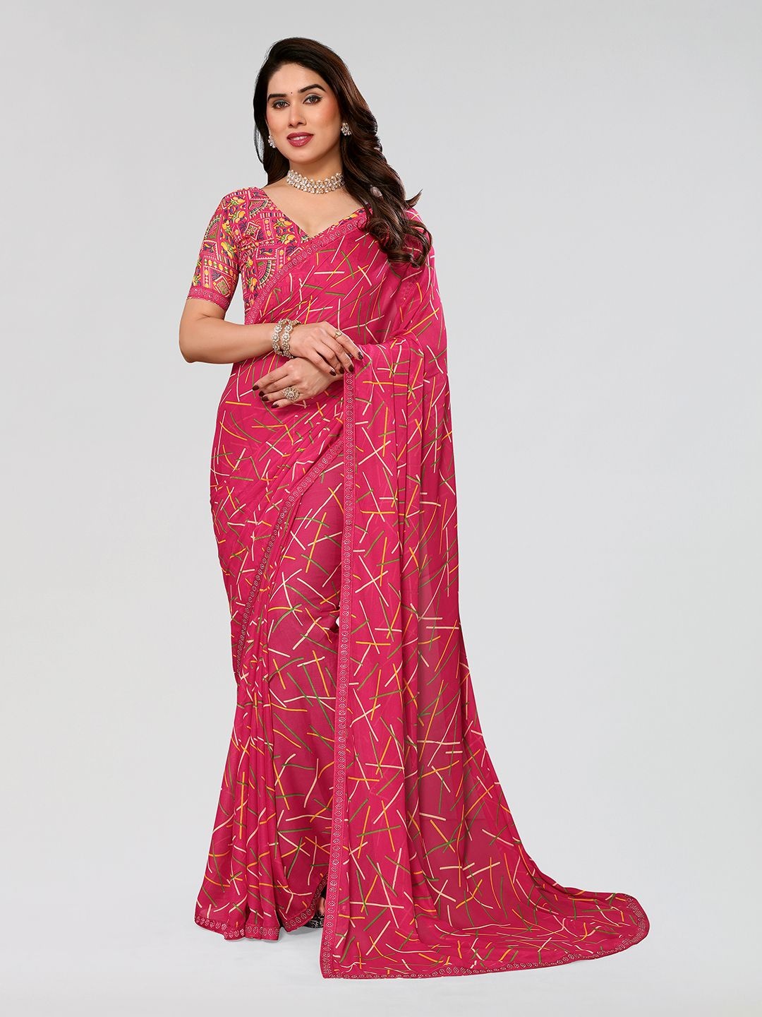 

Moda Rapido Geometric Printed Saree, Pink