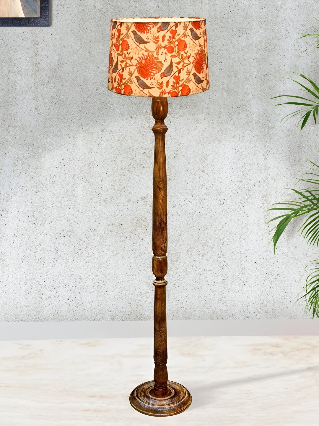 

Homesake Rustic Beige & Brown Printed Cylinder Shaped Wooden Floor Lamp With Shade