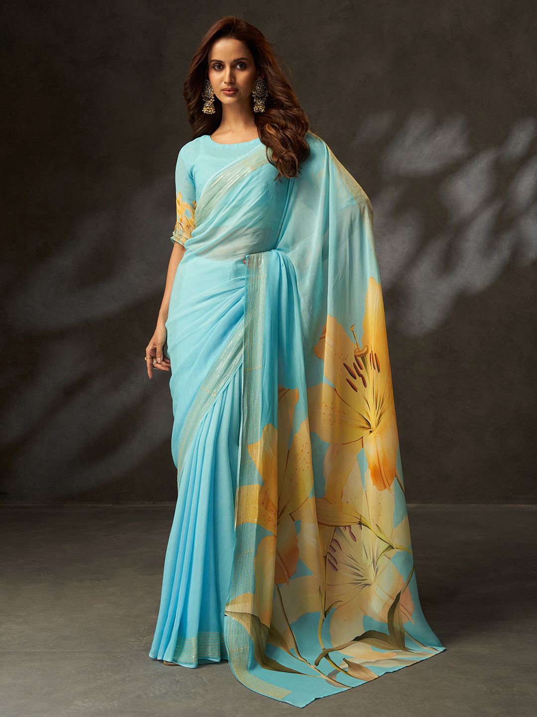 

SARHAFloral Pure Georgette Saree, Blue