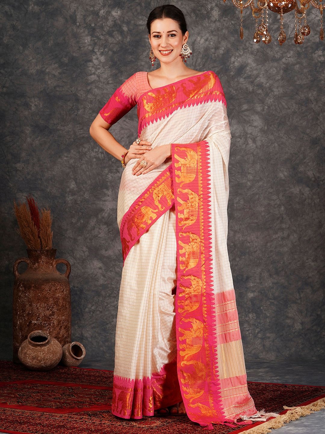 

Sangria Woven Design Banarasi Saree With Blouse Piece, Cream