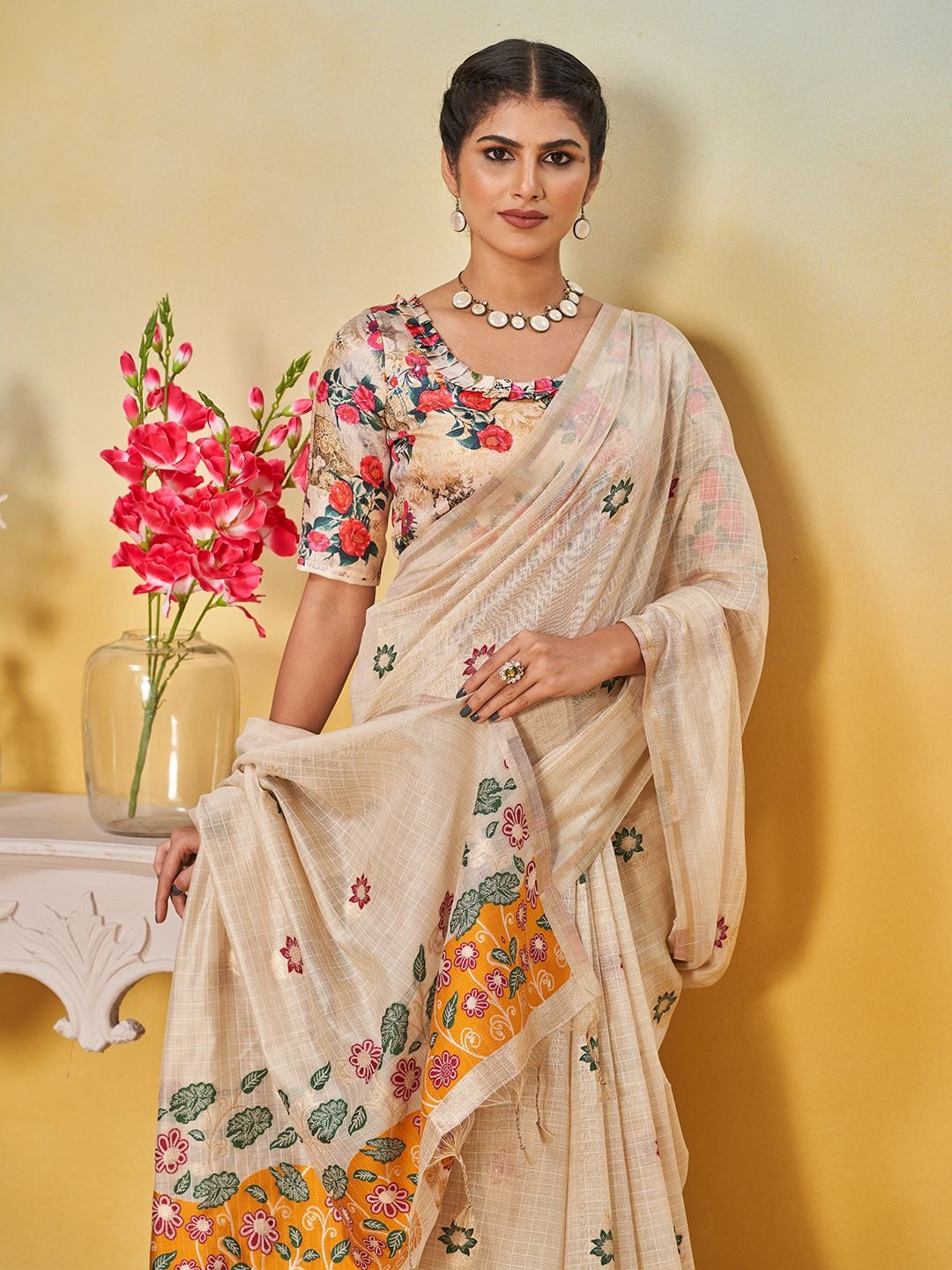 

SARHAFloral Zari Chanderi Saree, Yellow