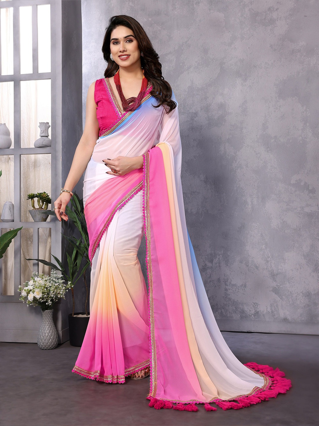 

Moda Rapido Tie and Dye Sequinned Poly Georgette Saree, Pink