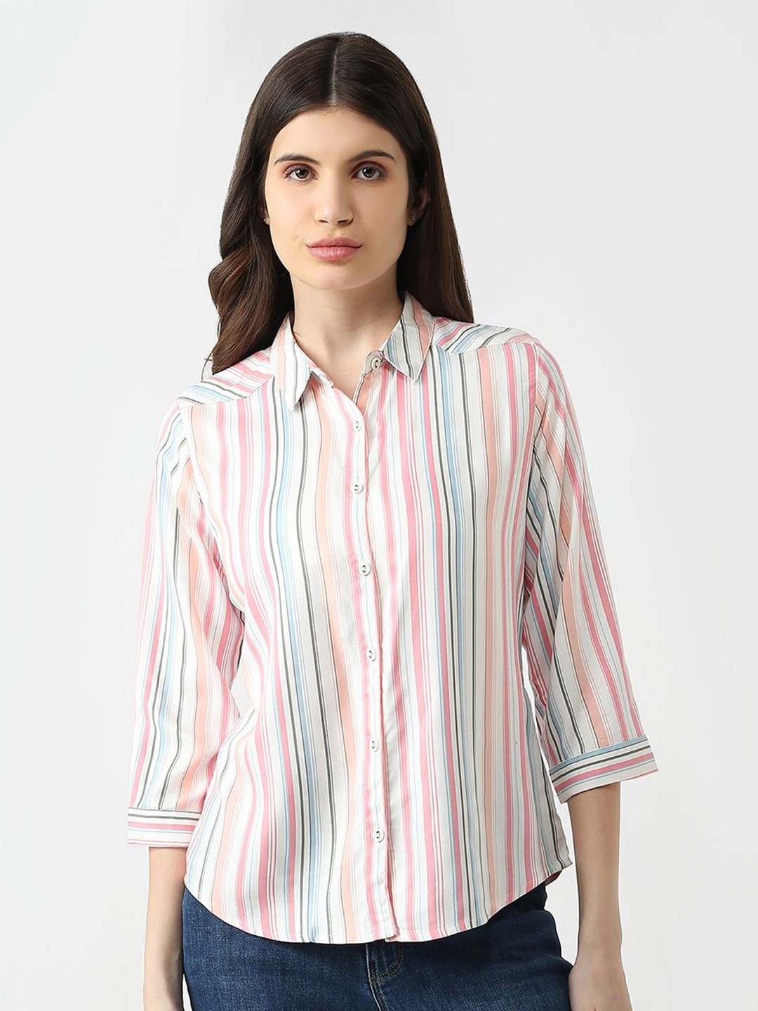 

Kraus Jeans Women Slim Fit Multi Stripes Opaque Striped Casual Shirt