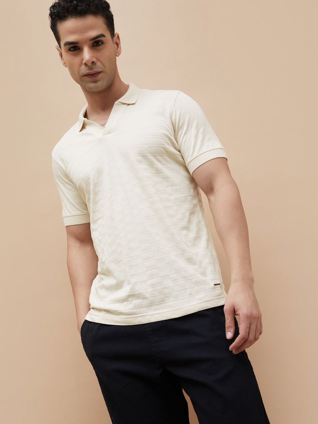 

CODE by Lifestyle Men Polo Collar Raw Edge T-shirt, Beige