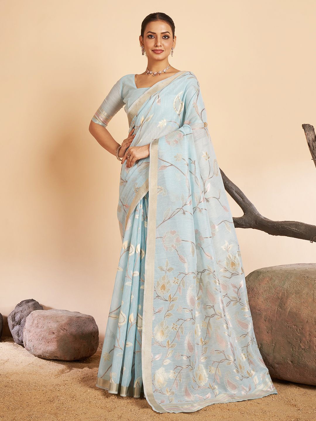 

SARHA Floral Woven Design Zari Chanderi Saree With Unstitched Blouse Piece, Blue