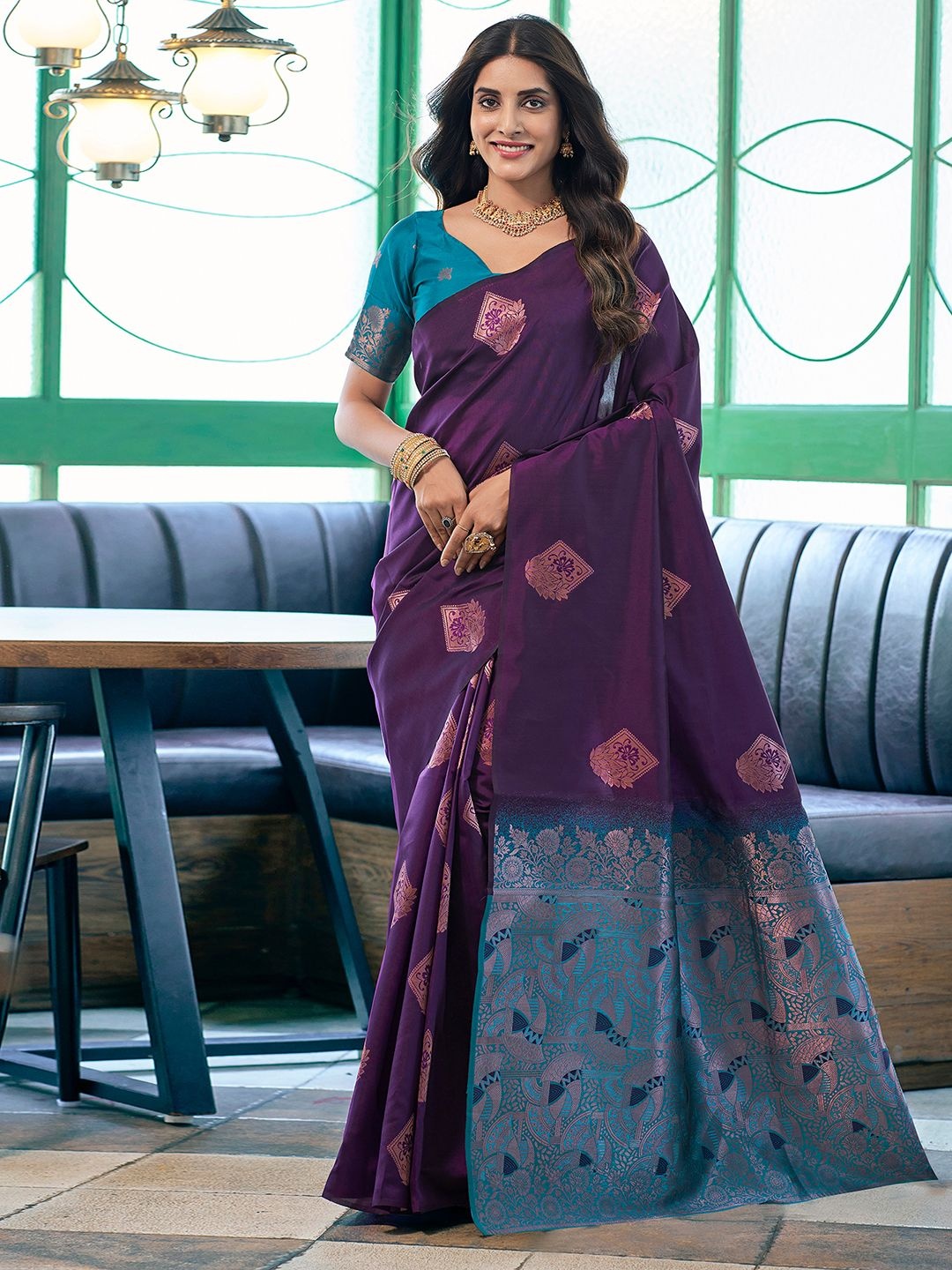 

Sangria Banarasi Woven Design Saree WithBlousePiece, Purple