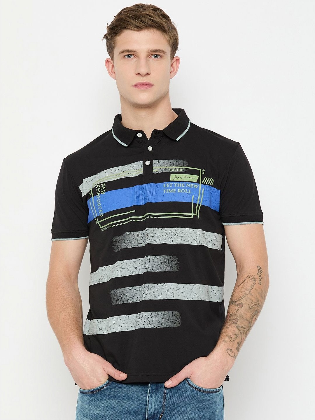 

Duke Men Striped Polo Collar Cotton Slim Fit T-shirt, Black