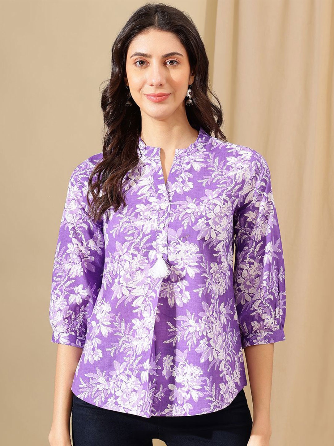

JANAKDULARI CREATION Floral Print Mandarin Collar Cotton Top, Purple