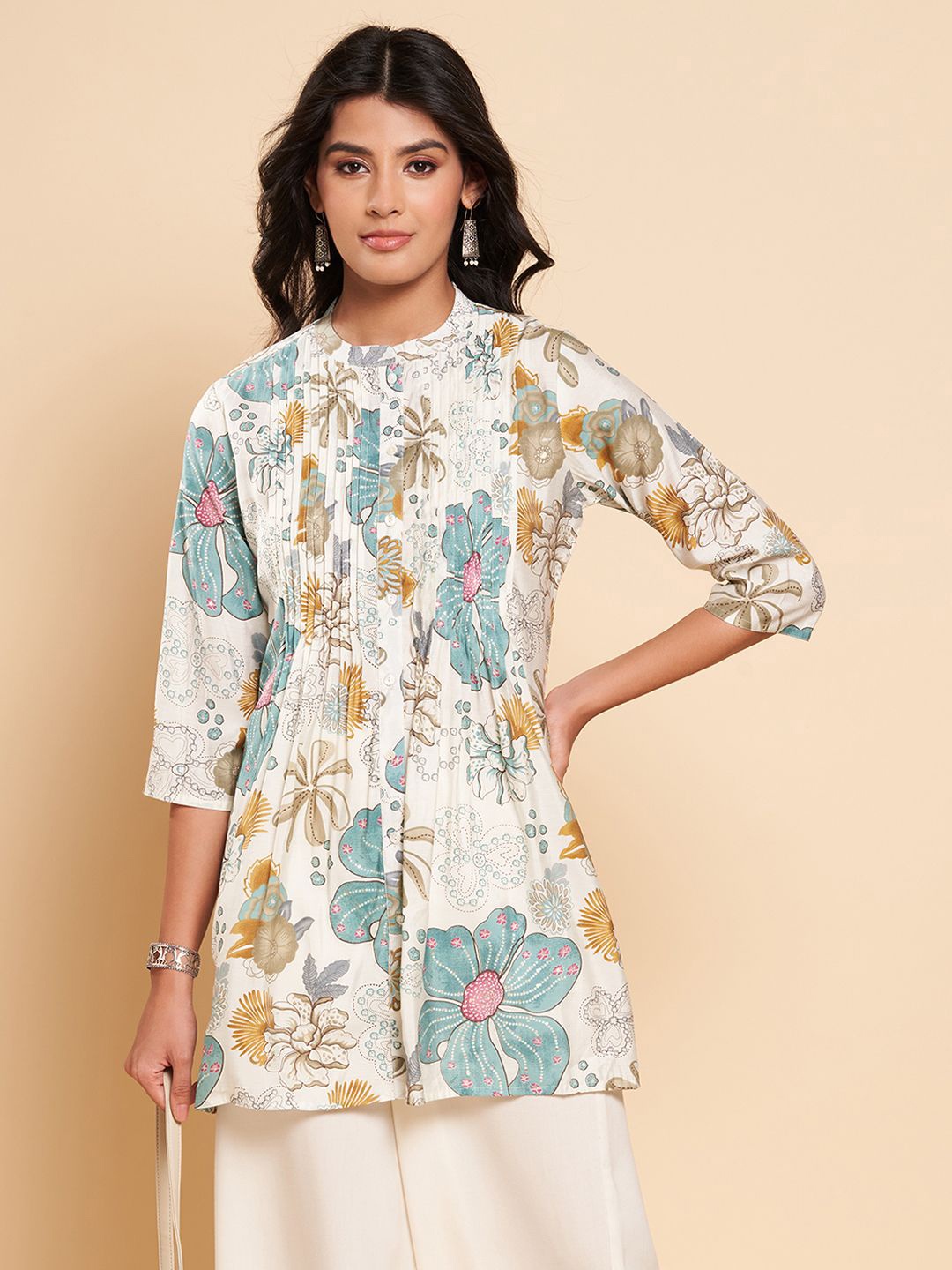 

RANGMANCH BY PANTALOONS Women Mandarin Collar Printed Tunic, Turquoise blue