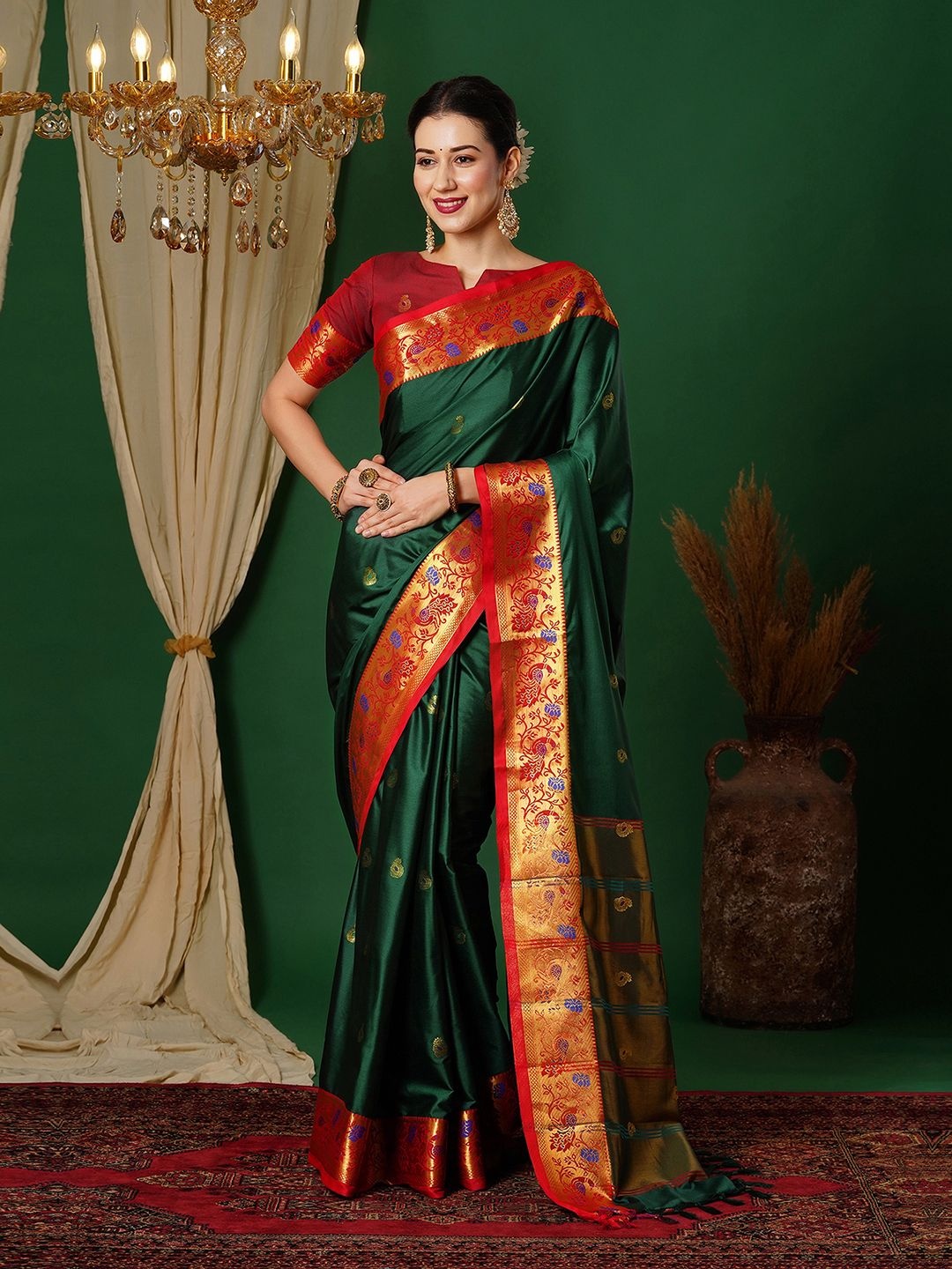

Sangria Woven Design Pure Silk Saree With Border, Green