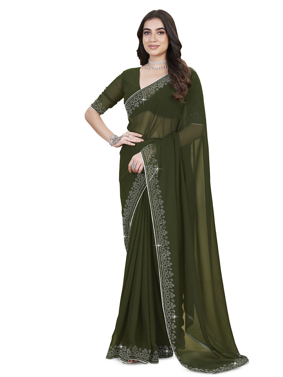 

Sangria Embellished Saree With Blouse, Green