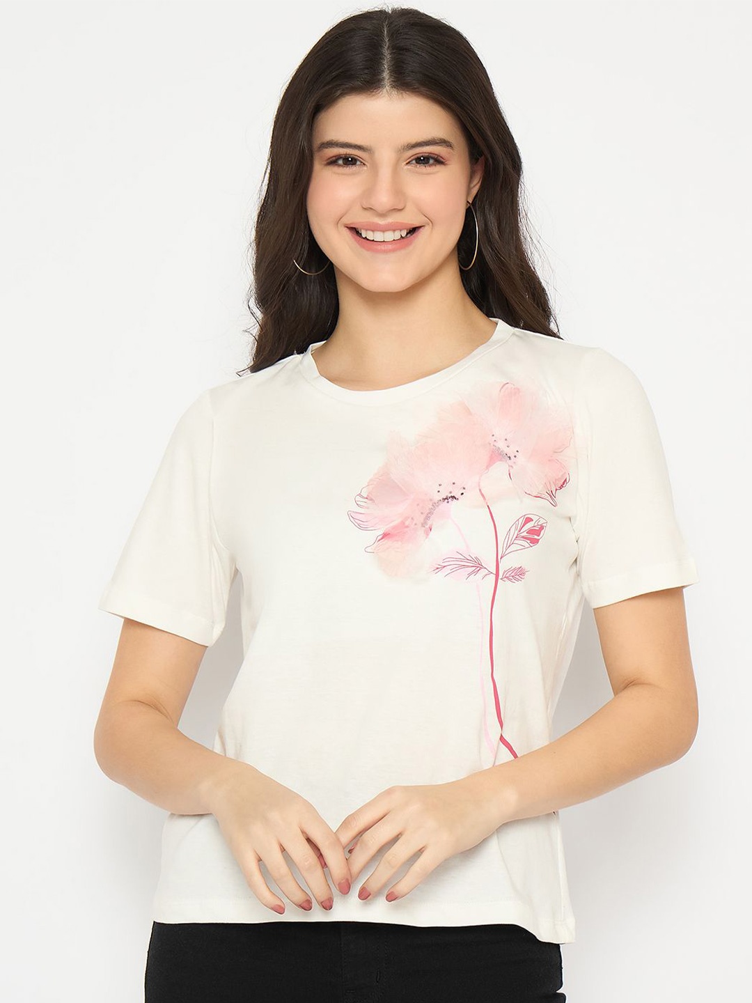 

Madame Women Floral Printed T-shirt, White