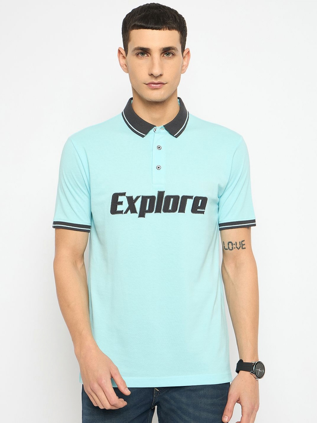 

Duke Men Typography Printed Polo Collar Cotton T-shirt, Blue