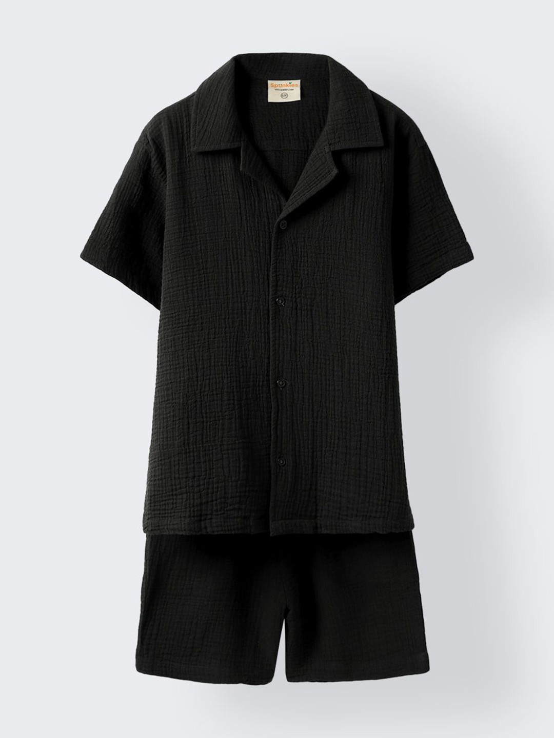 

SPUNKIES Boys Short Sleeves Pure Cotton Shirt with Shorts, Black