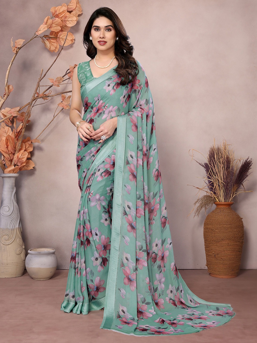 

Moda Rapido Floral Zari Satin Saree, Green