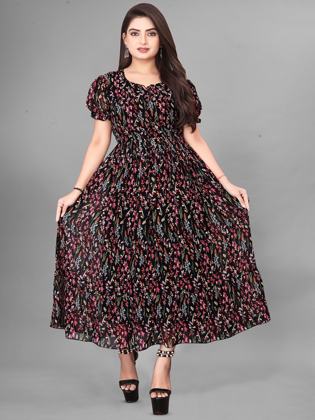 

KRISHTI CREATION Floral Print Puff Sleeve Georgette Fit & Flare Maxi Dress, Black
