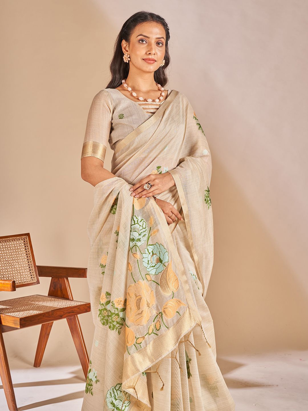 

SARHA Floral Woven Design Saree, Beige