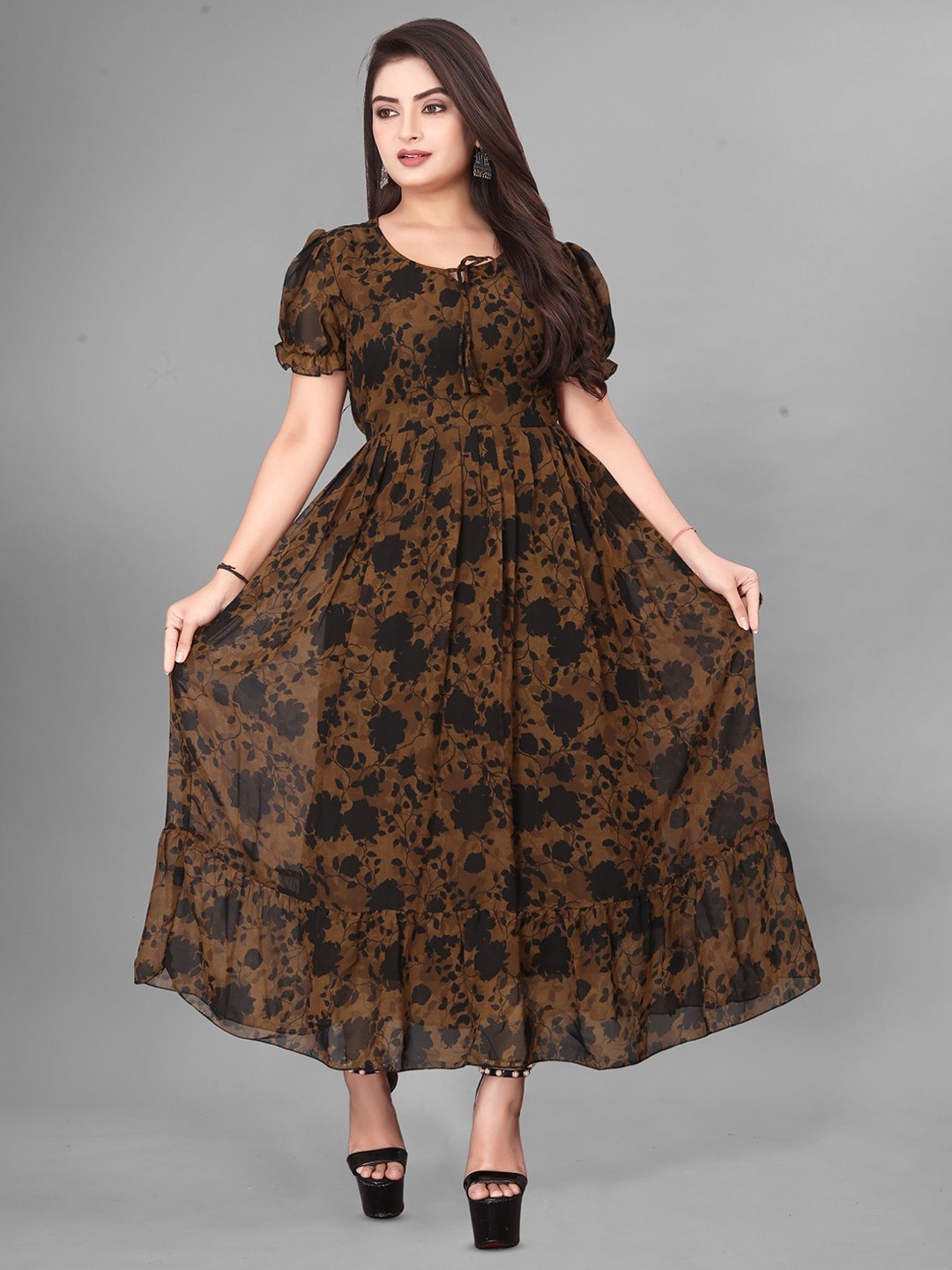 

KRISHTI CREATION Floral Print Puff Sleeve Georgette Fit & Flare Maxi Dress, Brown