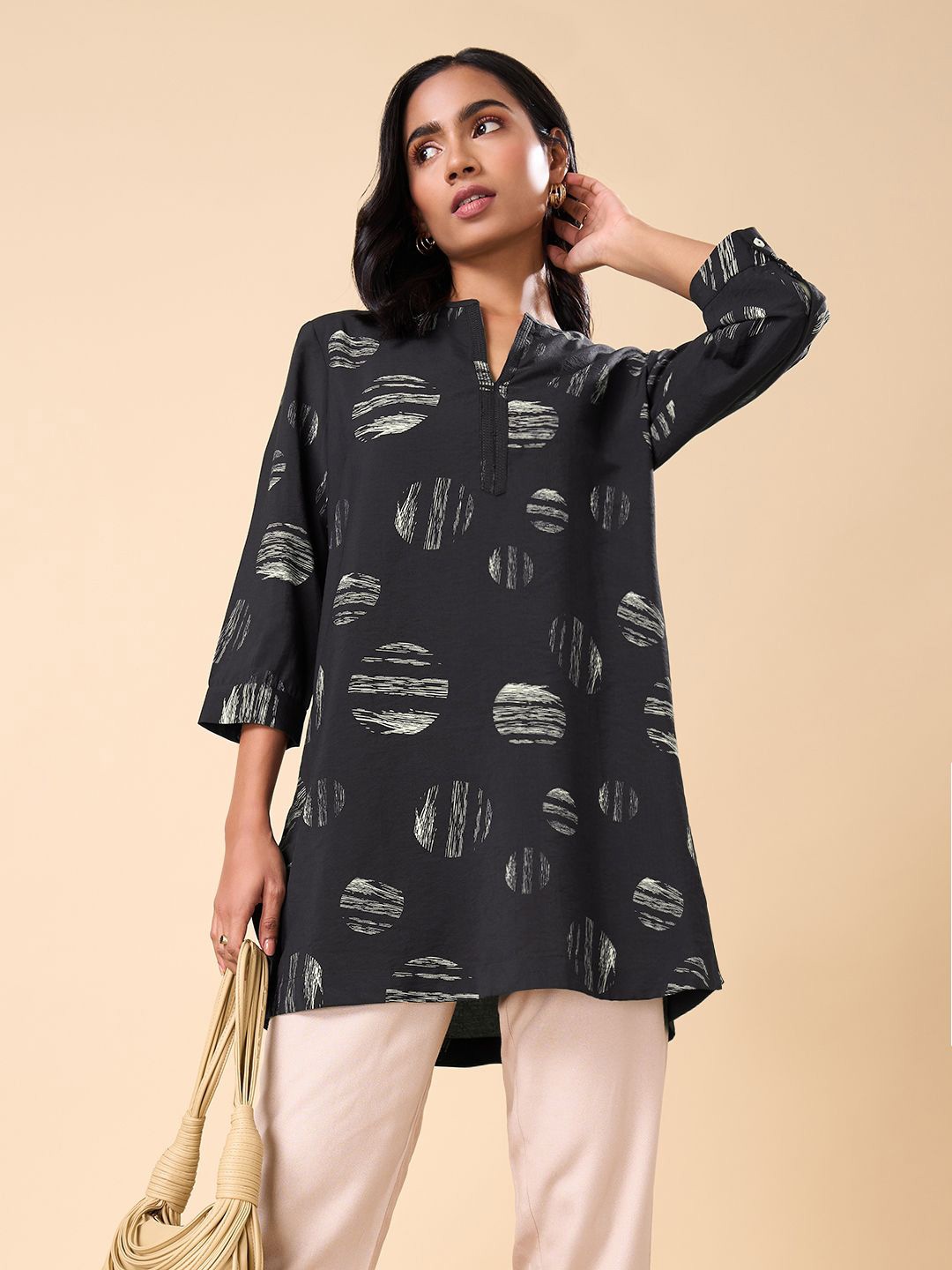 

Marigold Lane Mandarin Collar Printed Tunic, Black
