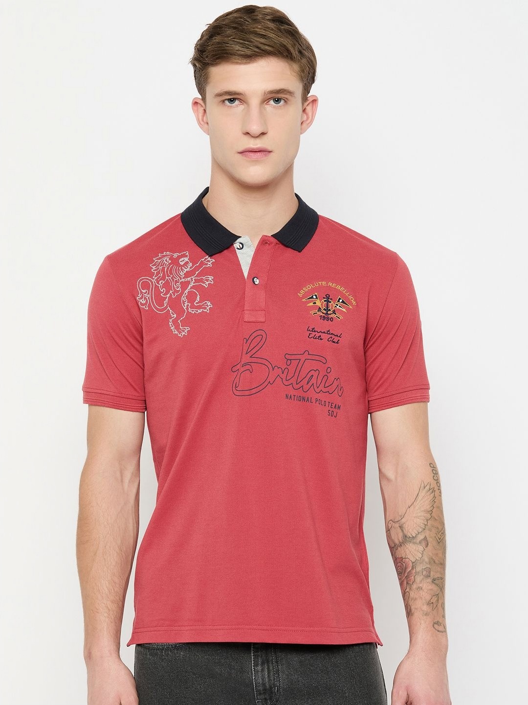 

Duke Men Typography Printed Polo Collar Cotton Slim Fit T-shirt, Red