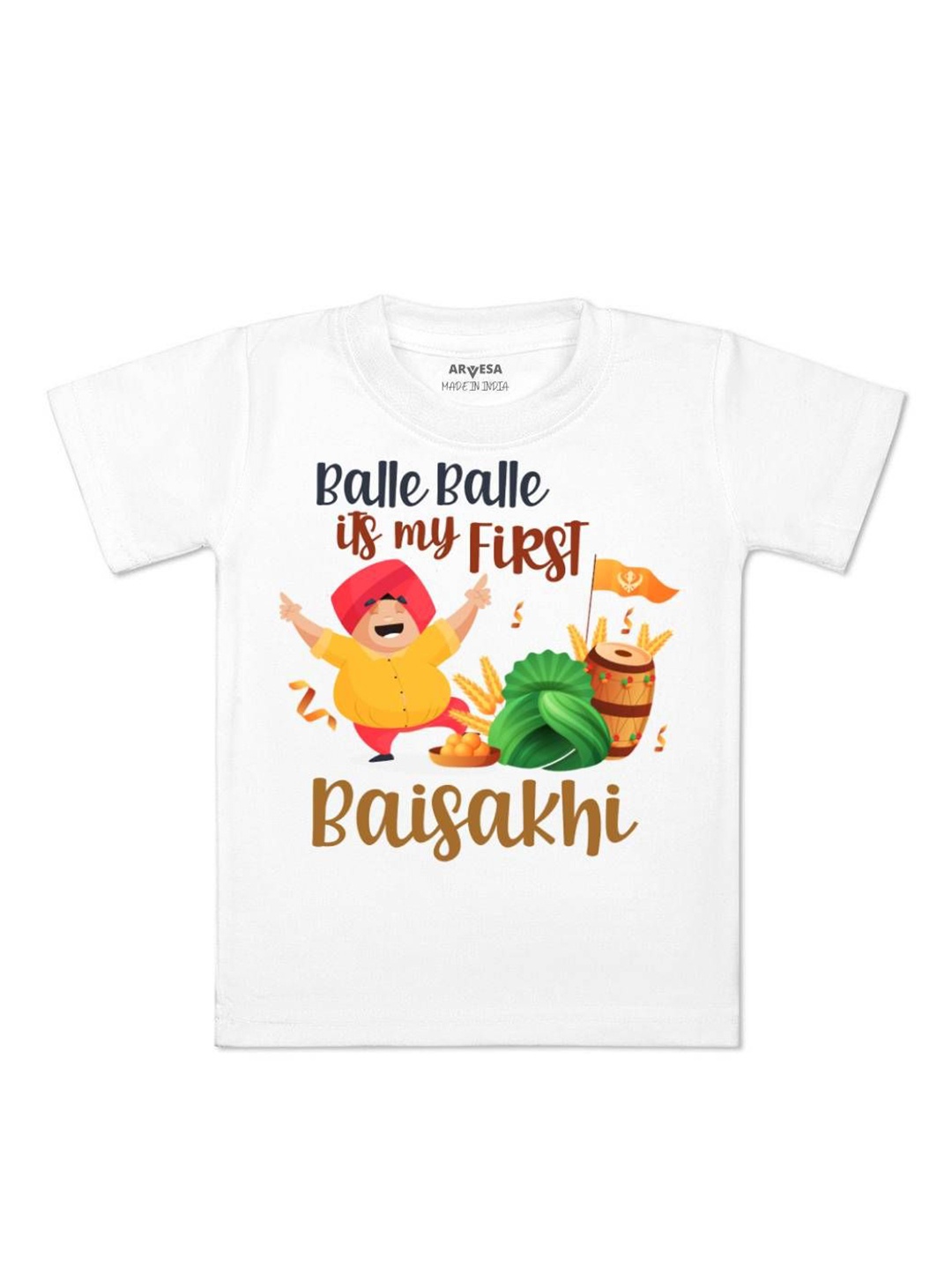

Arvesa Happy Baisakhi Printed Kids Unisex T-shirt, White