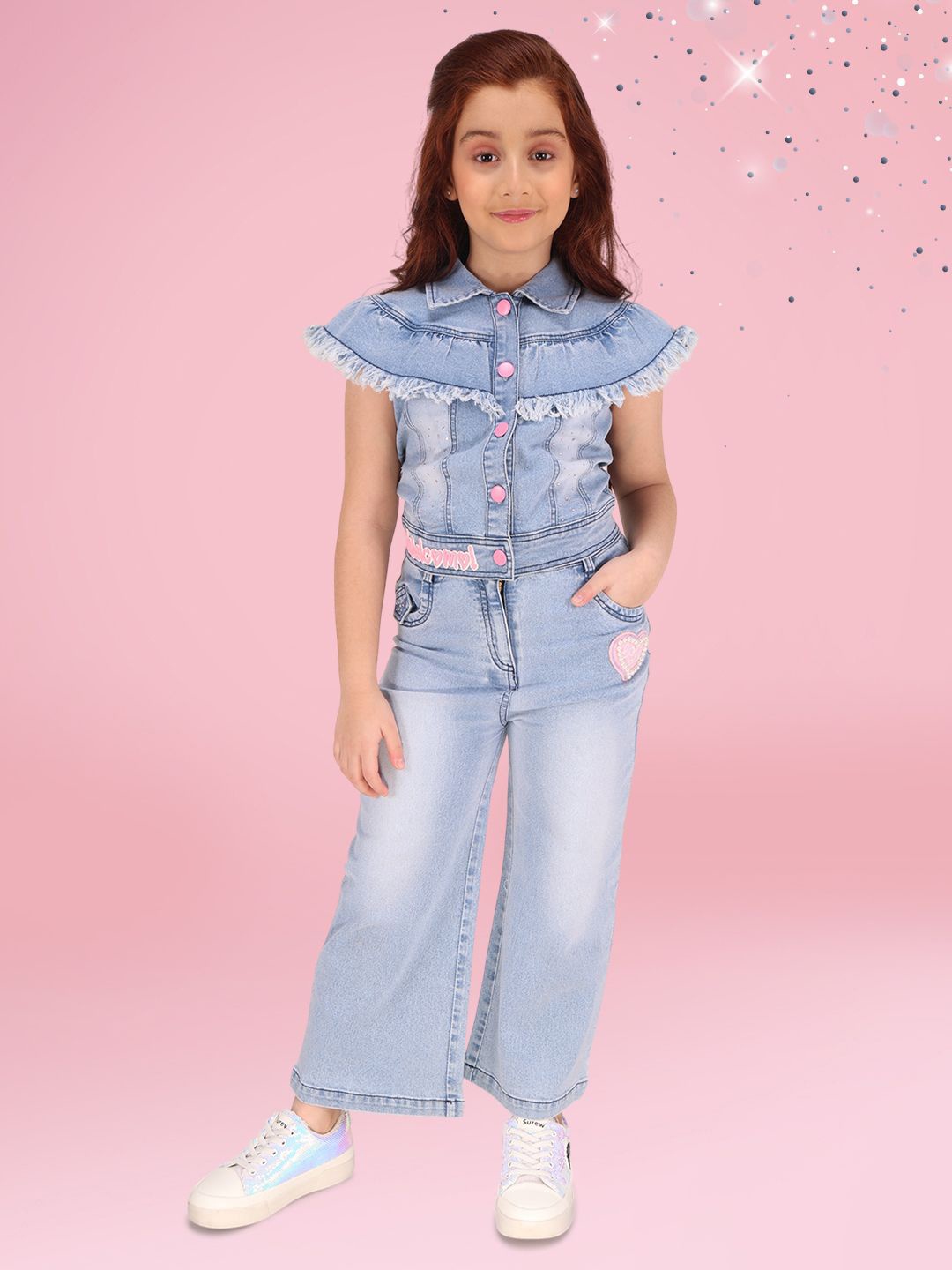 

CUTECUMBER Girls Shirt Collar Cape Sleeves Top With Trousers, Blue