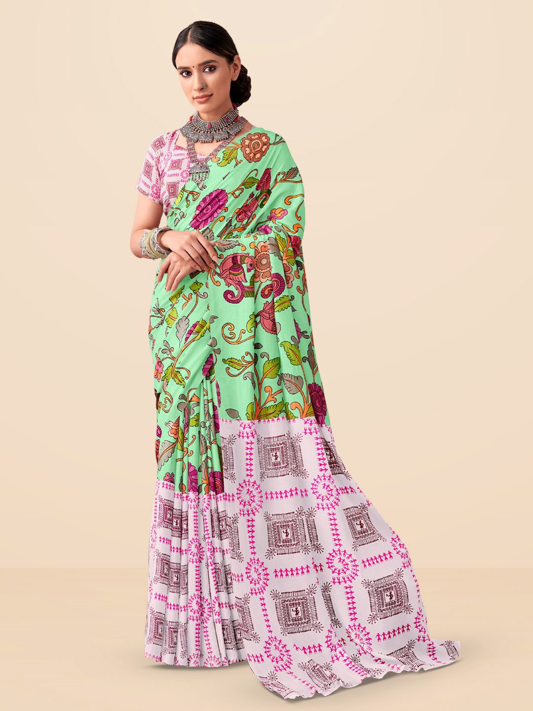 

SARHA Kalamkari Printed Pure Georgette Saree, Sea green