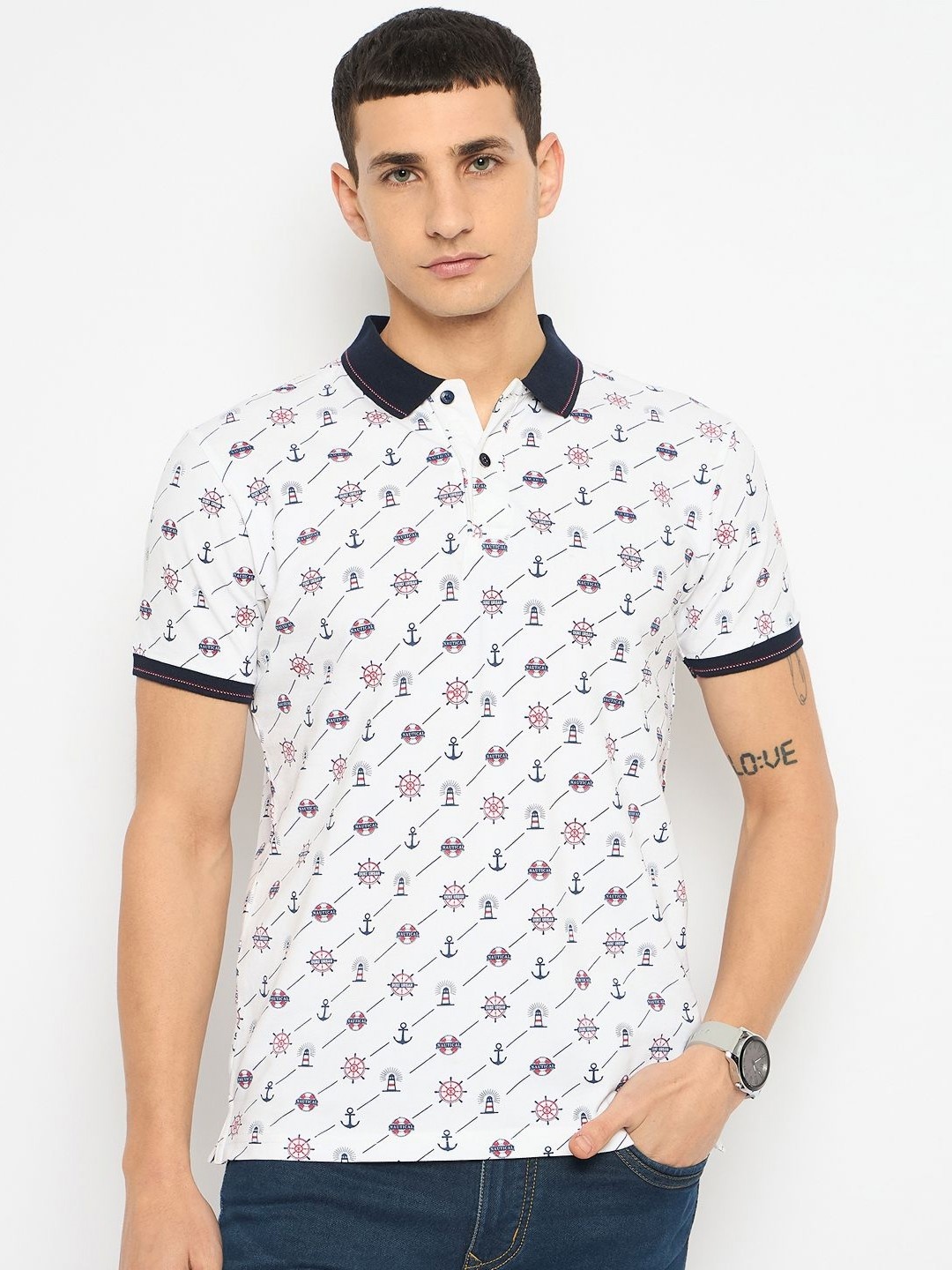

Duke Men Conversational Printed Polo Collar Cotton Slim Fit T-shirt, White