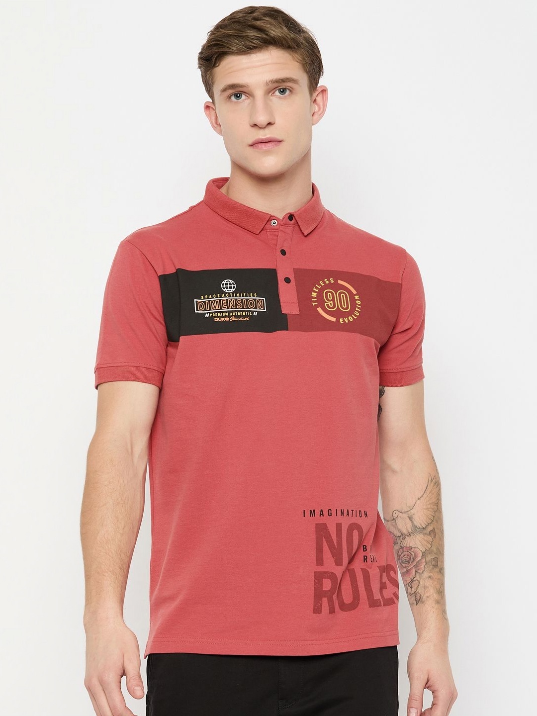 

Duke Men Typography Printed Polo Collar Cotton Slim Fit T-shirt, Red