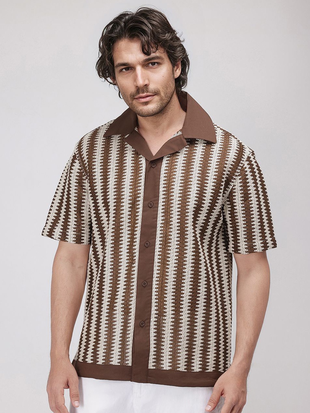 

RARE RABBIT Men Comfort Boxy Opaque Striped Casual Shirt, Brown