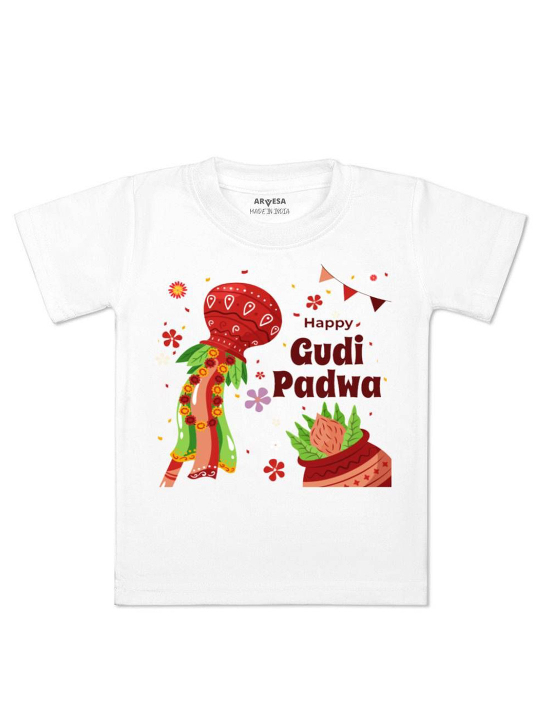 

Arvesa Happy Gudi Padwa Printed Kids Unisex T-shirt, White