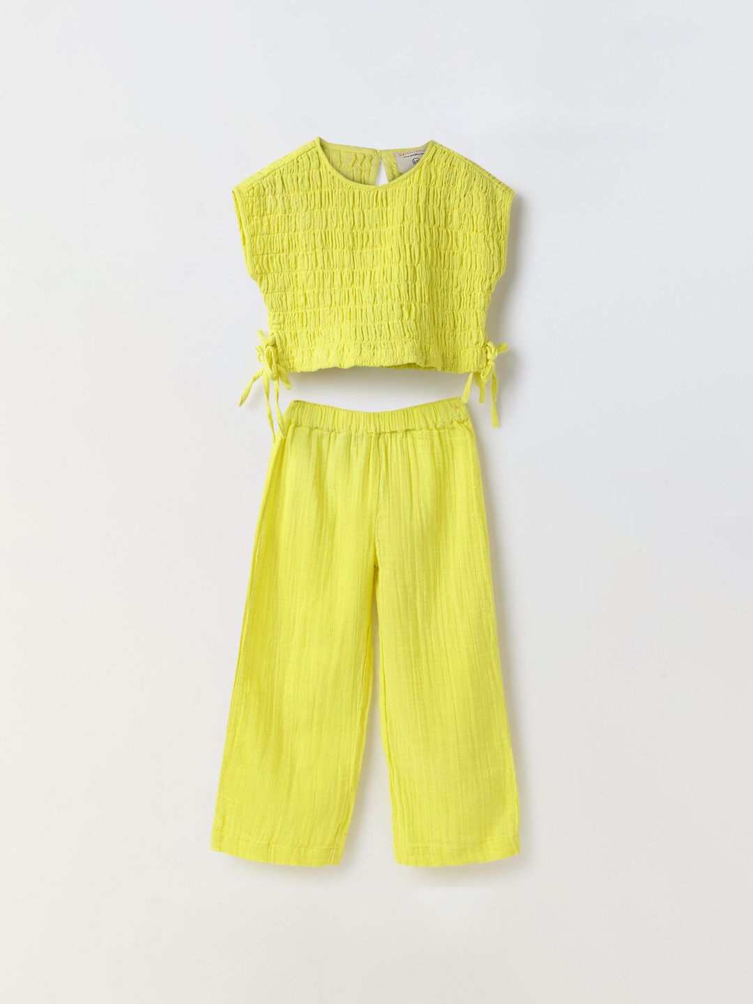 

SPUNKIES Girls Pure Cotton Side Tie-Ups Smocked Top with Trousers, Yellow