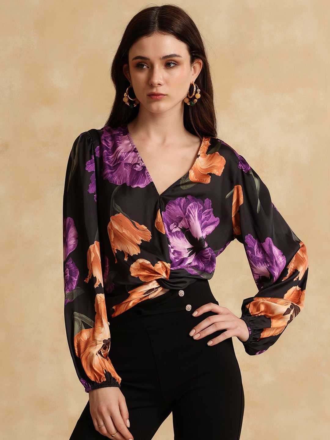 

Kazo Kylo Women V-Neck Floral Printed Satin Top, Black