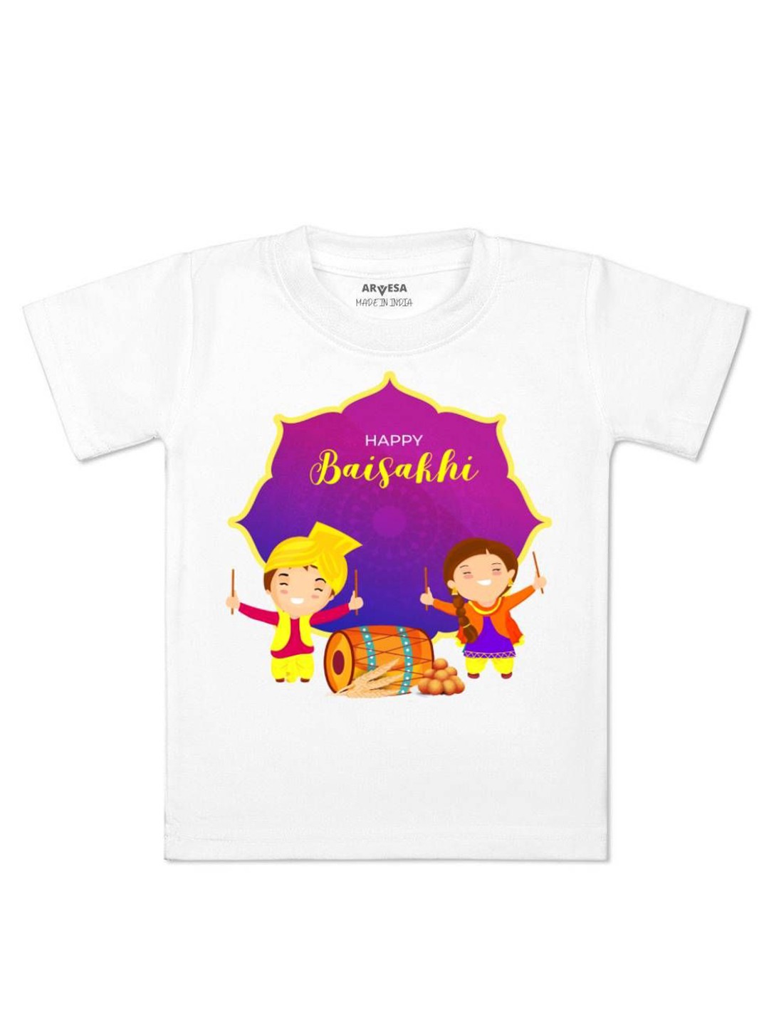 

Arvesa Happy Baisakhi Printed Kids Unisex T-shirt, White
