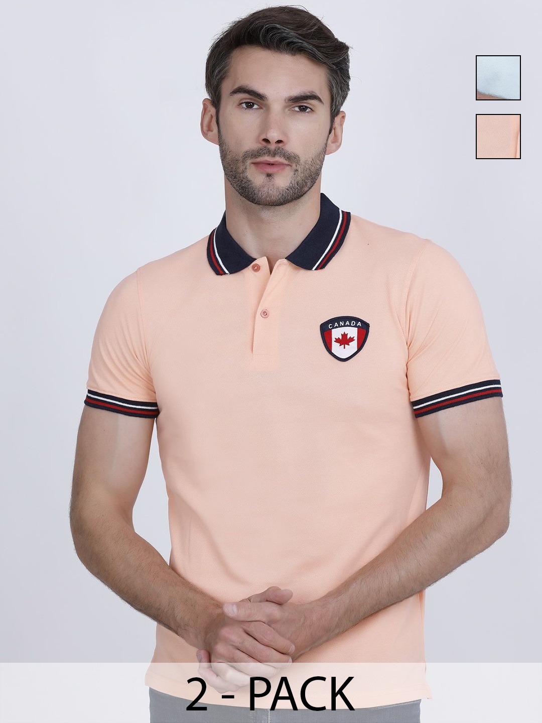 

PYRO SPIRIT Men 2 Polo Collar Applique T-shirt, Peach