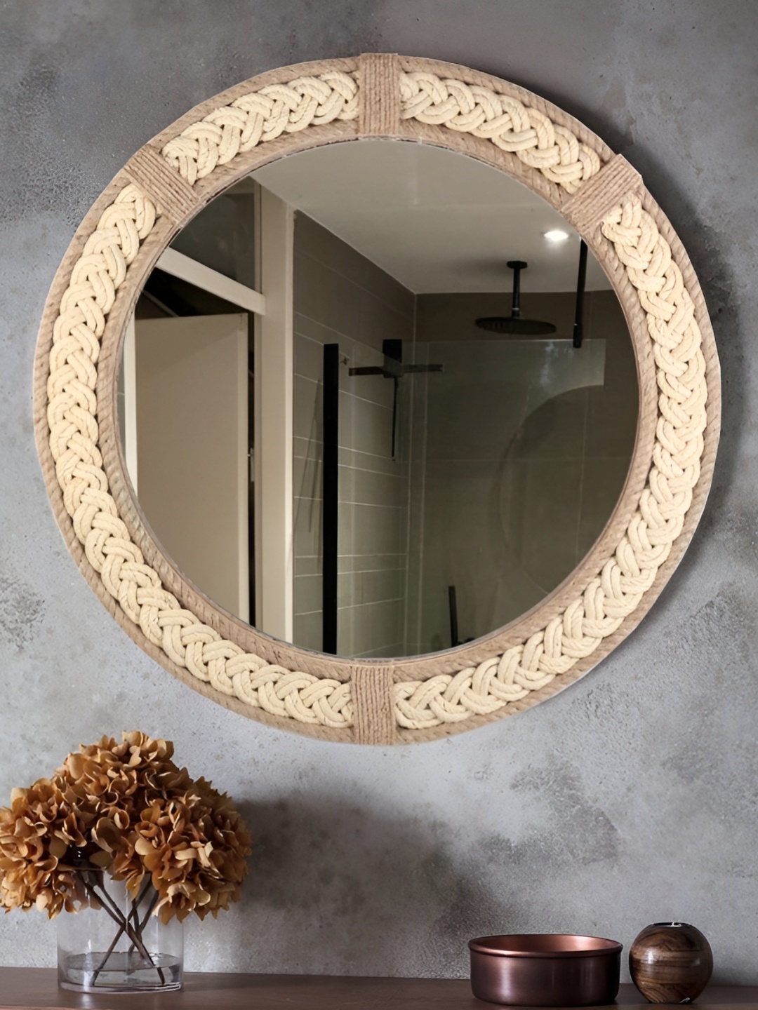 

Creation India Craft Beige & Brown Braided Jute Round Wall Mirror, Transparent