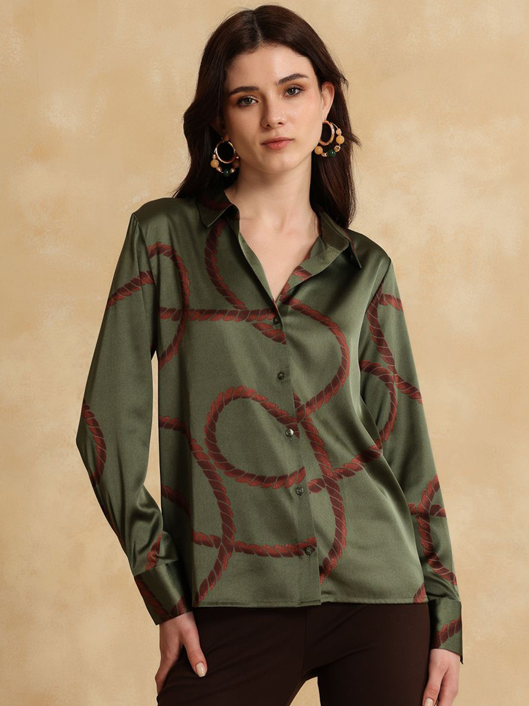 

Kazo Women Tartan Checks Opaque Printed Formal Shirt, Olive