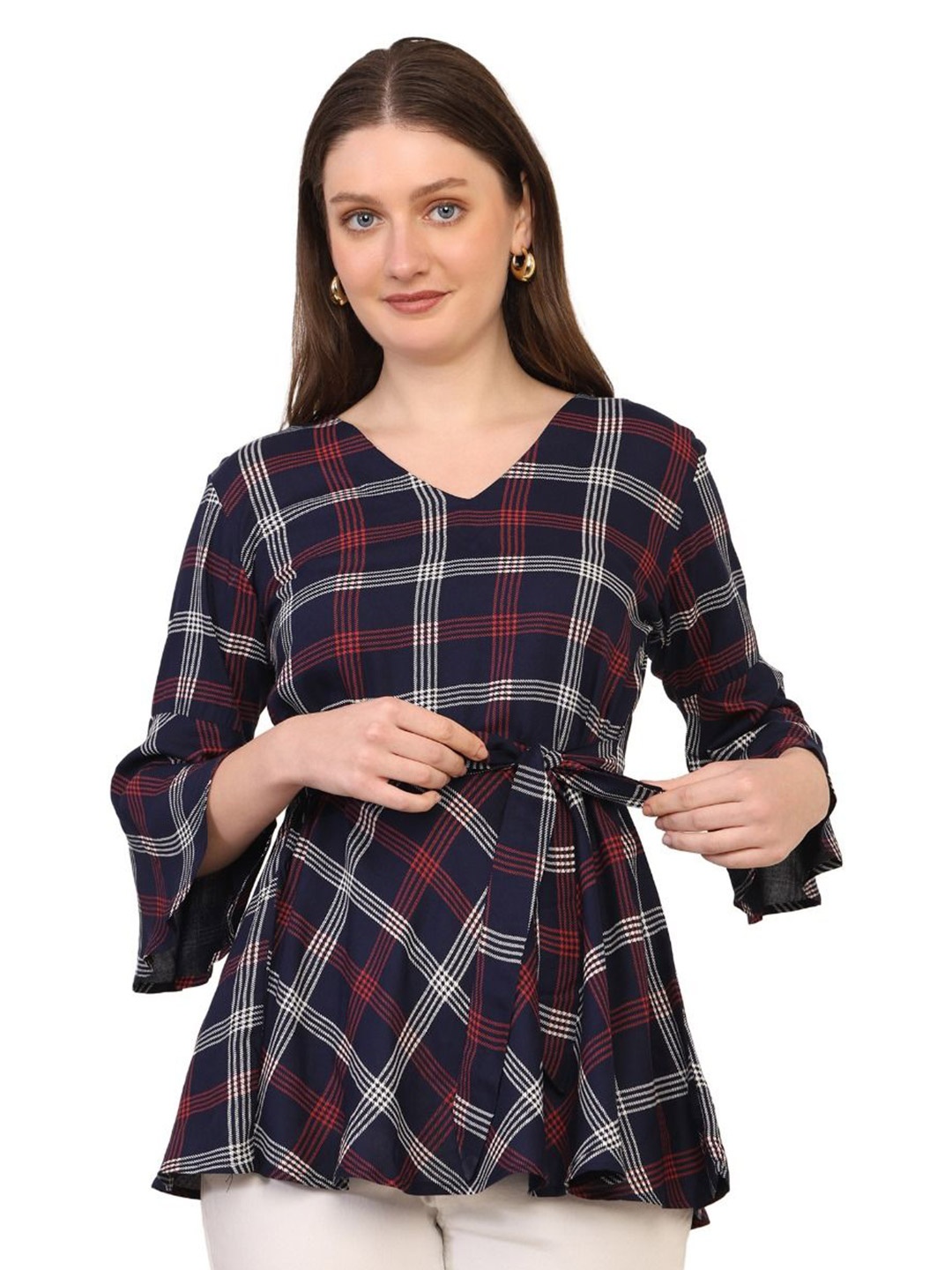 

JC JUMMY COUTURE Checked Bell Sleeve Cotton Cinched Waist Top, Blue