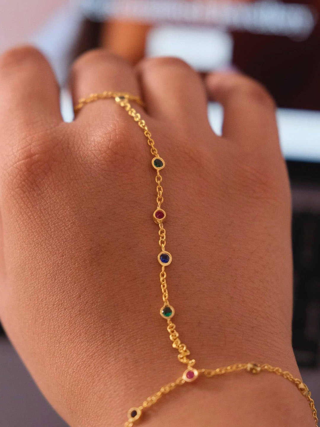 

Anushka Jain Jewellery Women 925 Sterling Silver Gold-Plated CZ Navratan Ring Bracelet