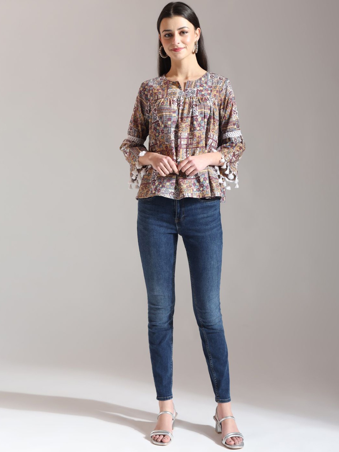 

Yufta Geometric Print Cotton Top, Beige