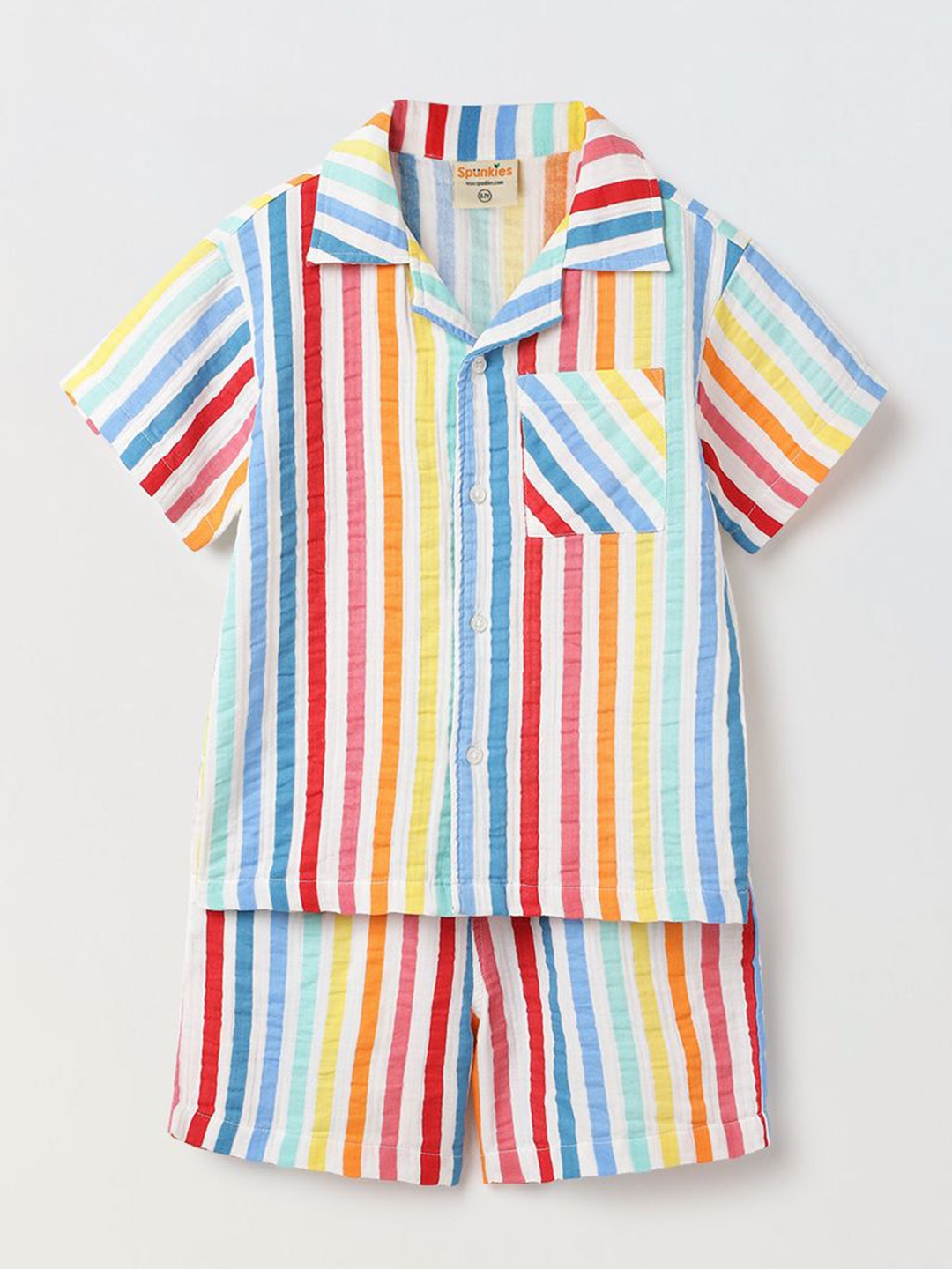 

SPUNKIES Boys Striped Pure Cotton Shirt with Shorts, White