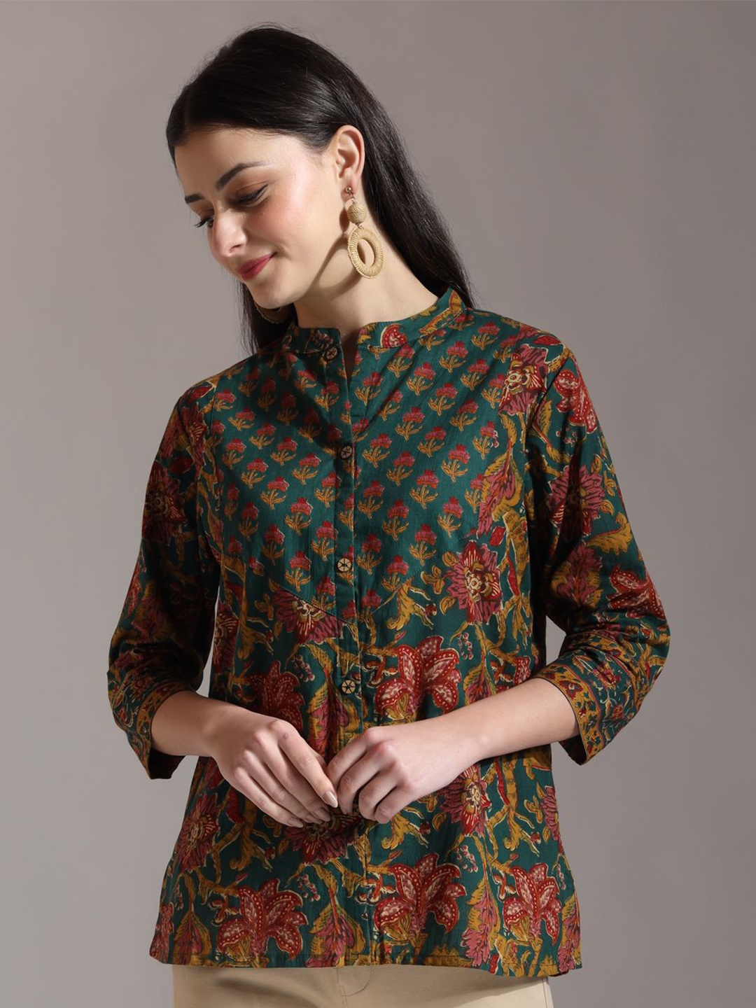 

Yufta Women Floral Printed Mandarin Collar Cotton Shirt Style Top, Green
