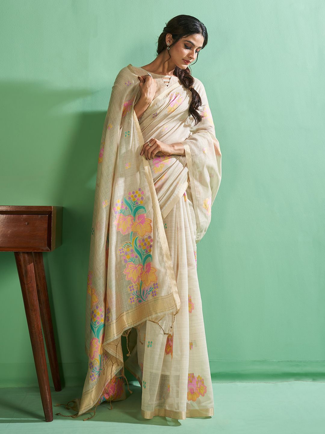 

SARHAFloral Chanderi Saree, Off white