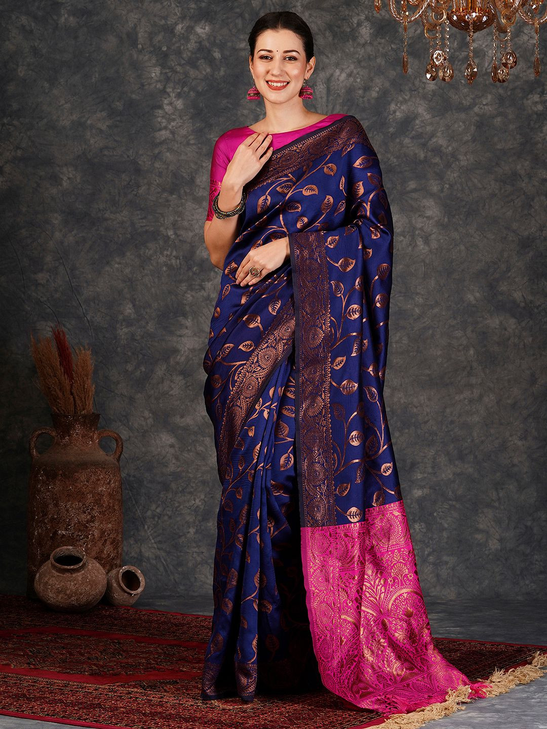 

Sangria Woven Design Saree With Border, Navy blue
