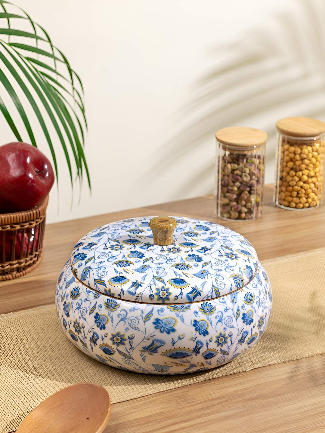

HomeShastra White & Blue Floral Printed Easy to Clean Wooden Cook and Serve Casserole