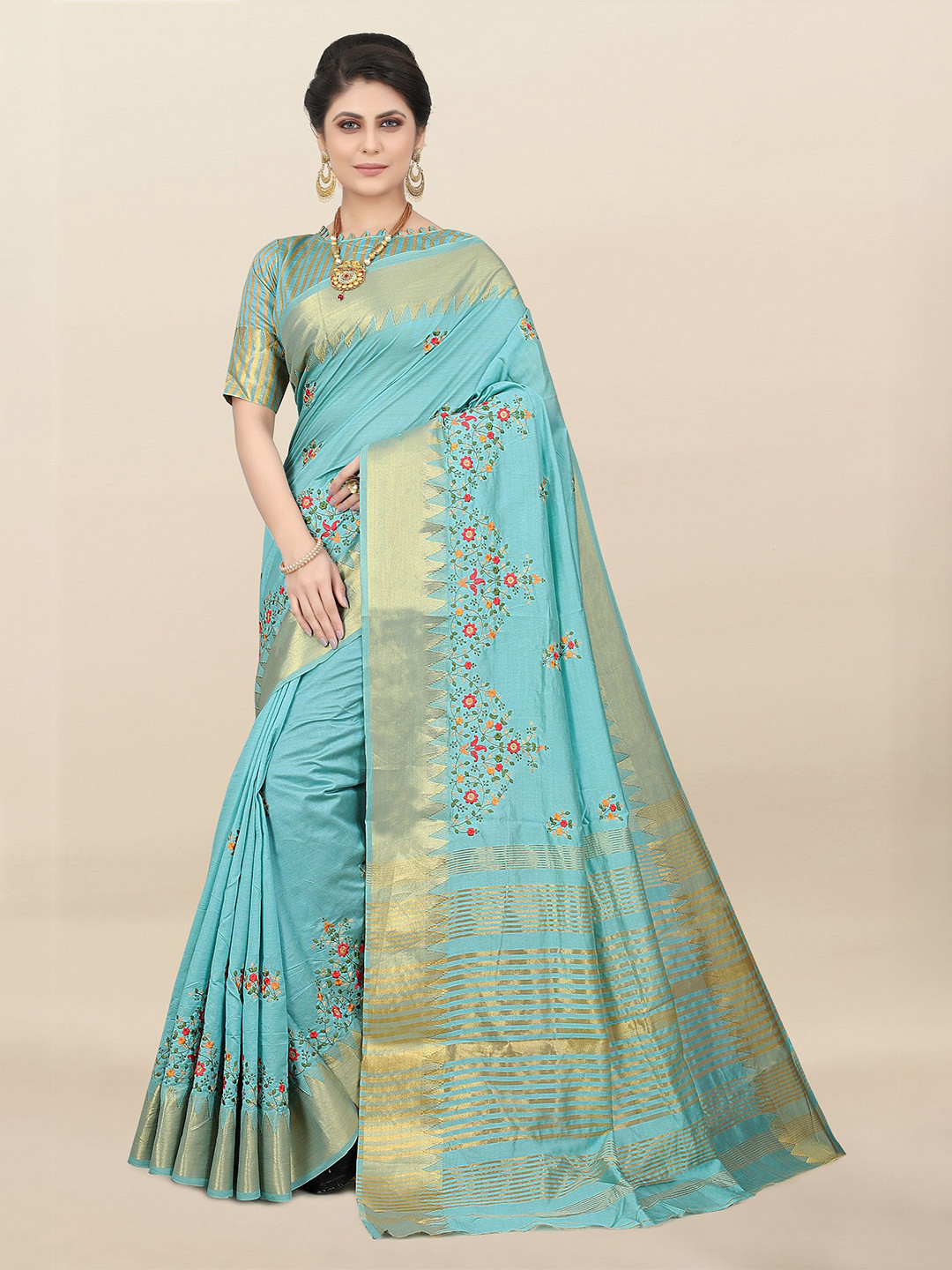 

DIVASTRI Floral Embroidered Banarasi Saree, Turquoise blue